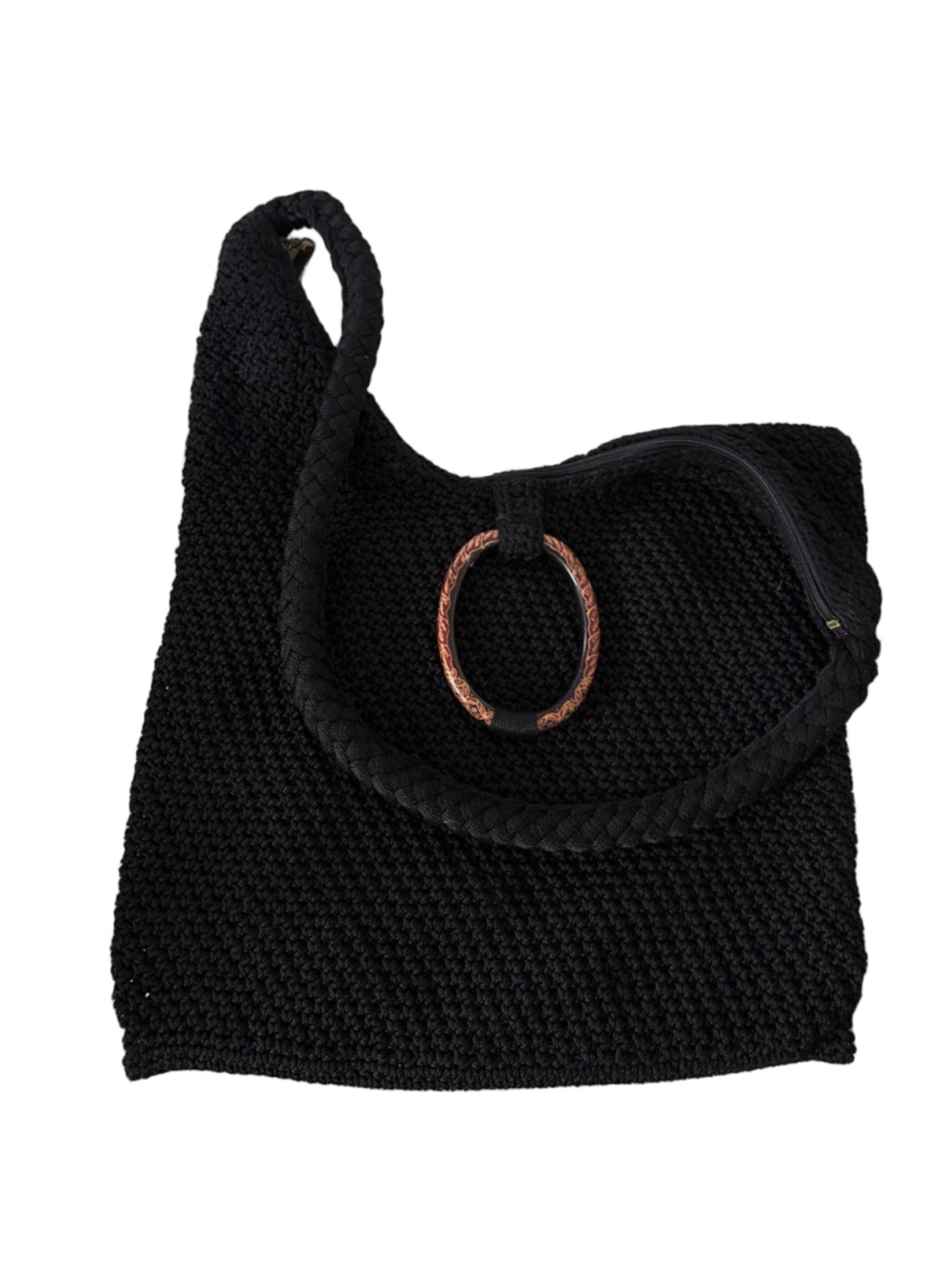 Women's Lina Black Crochet Shoulder Bag One Size with Brown Ring
